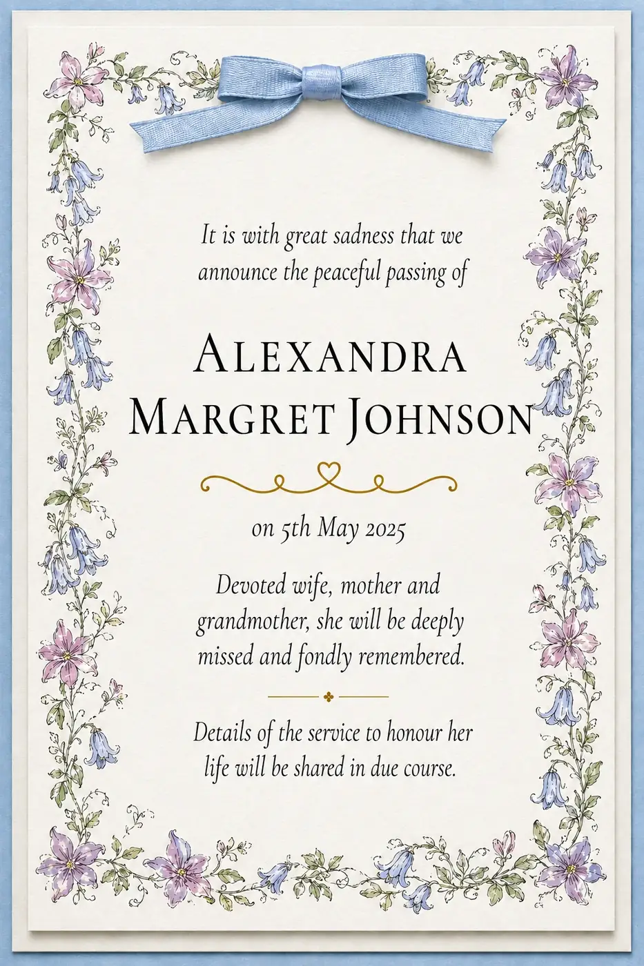 Death notice frame with a blue ribbon and blue and lavender wildflowers