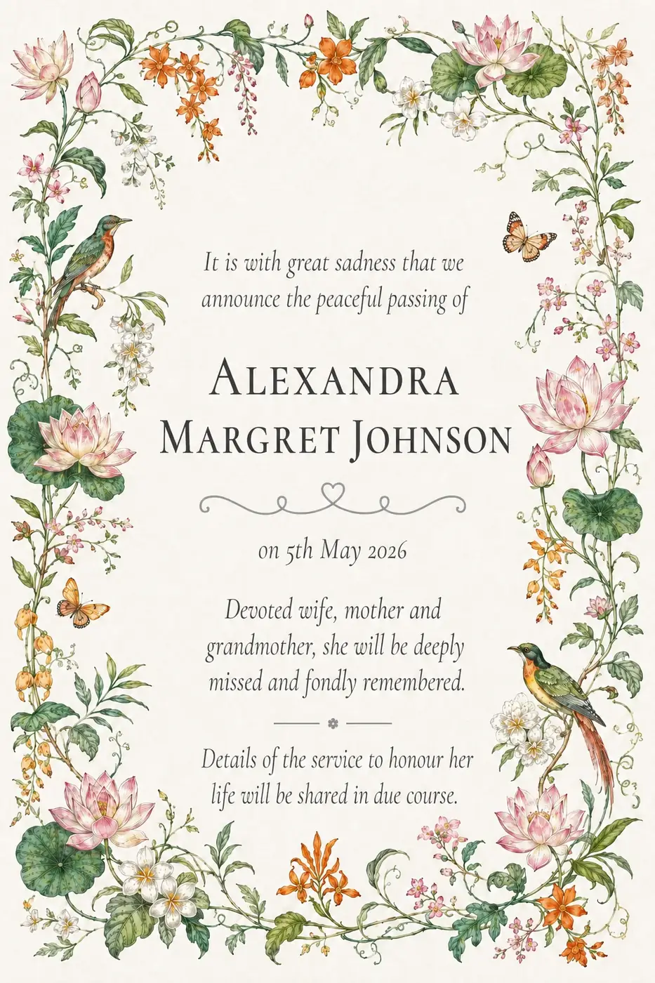 Death notice frame with colourful wildflowers and a bird