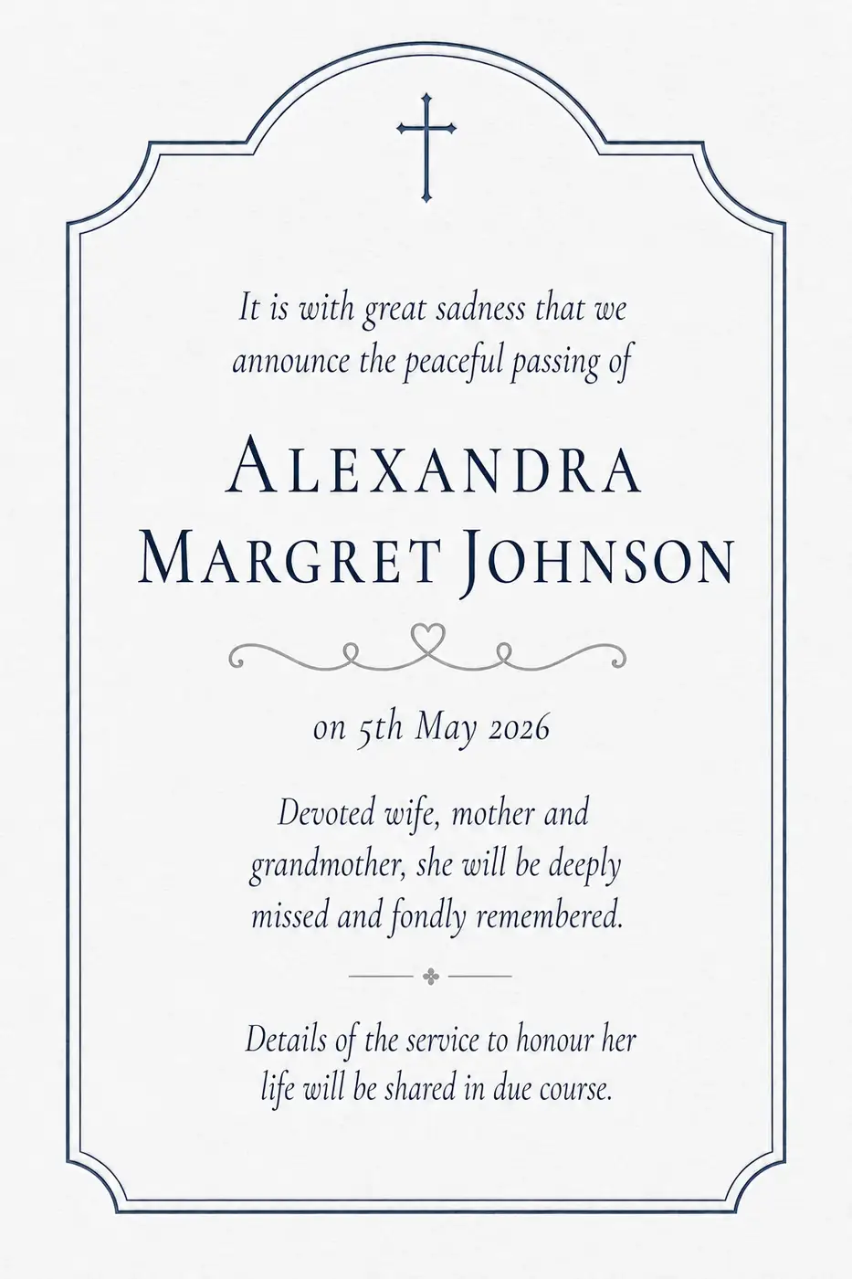 Traditional death notice frame with a cross and arched border