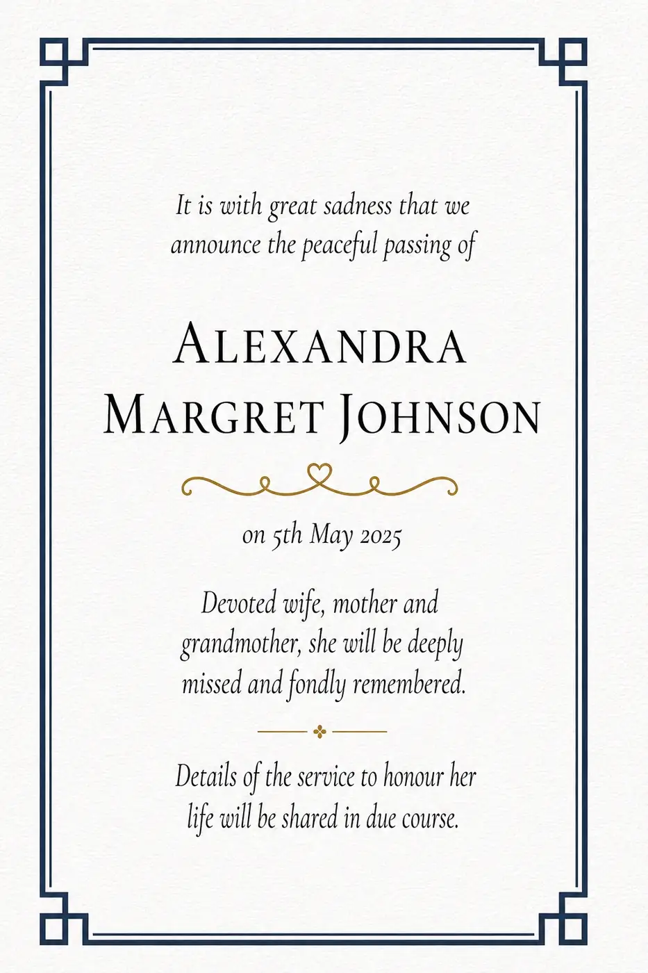 Traditional death notice frame with a blue scallop-shell border