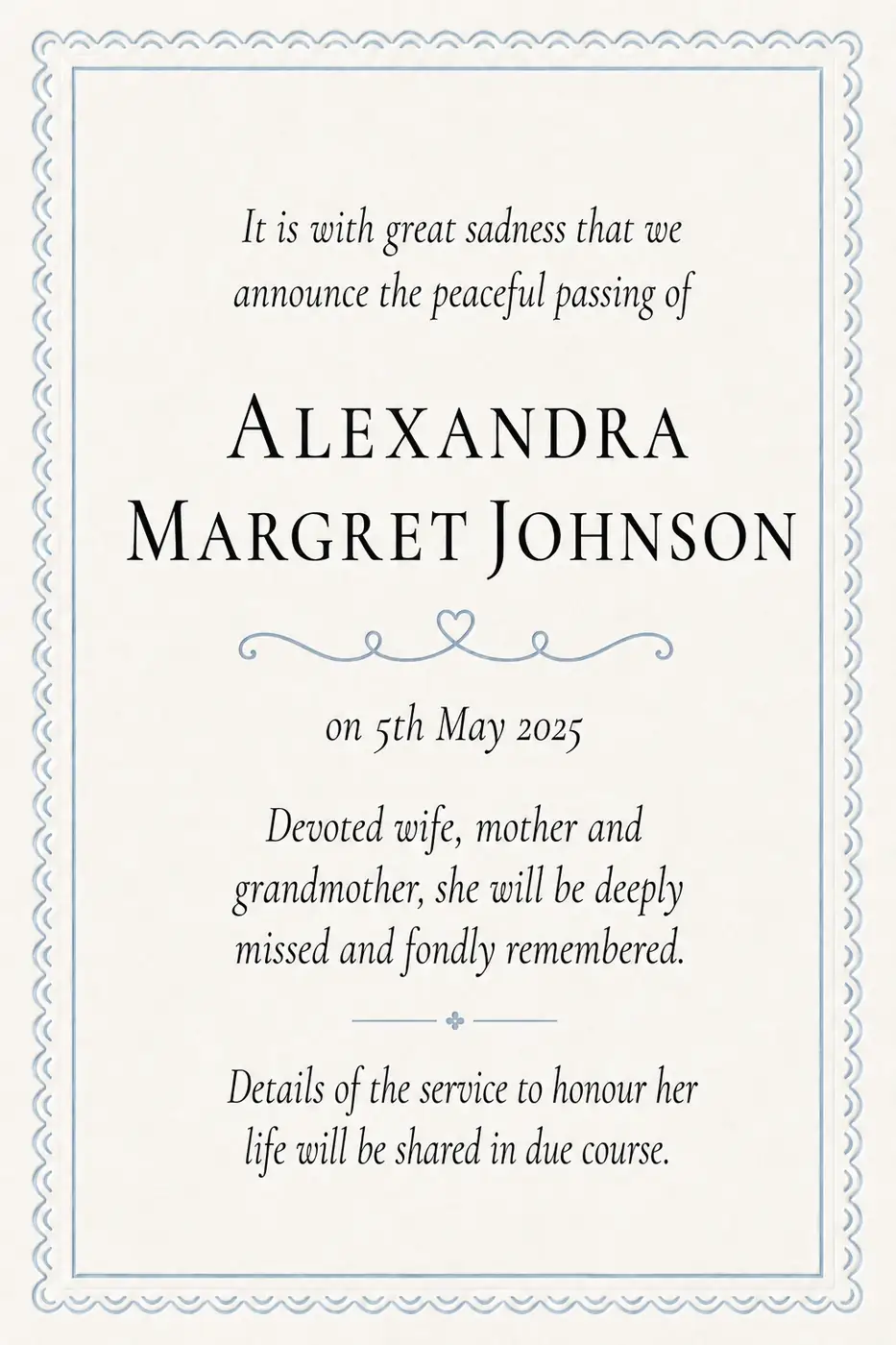 Traditional death notice frame with corner flourishes