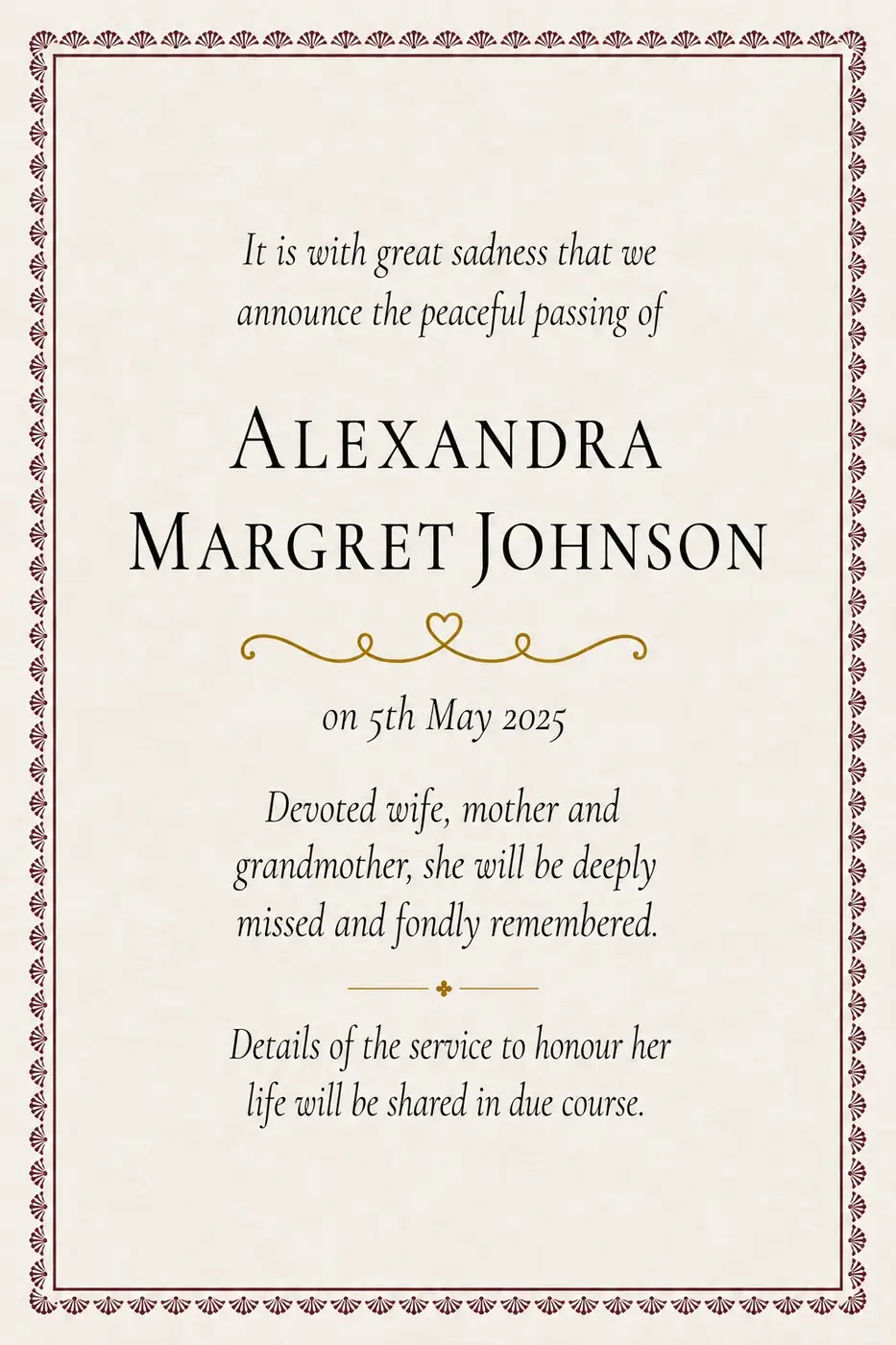 Traditional death notice frame with a classical gold border