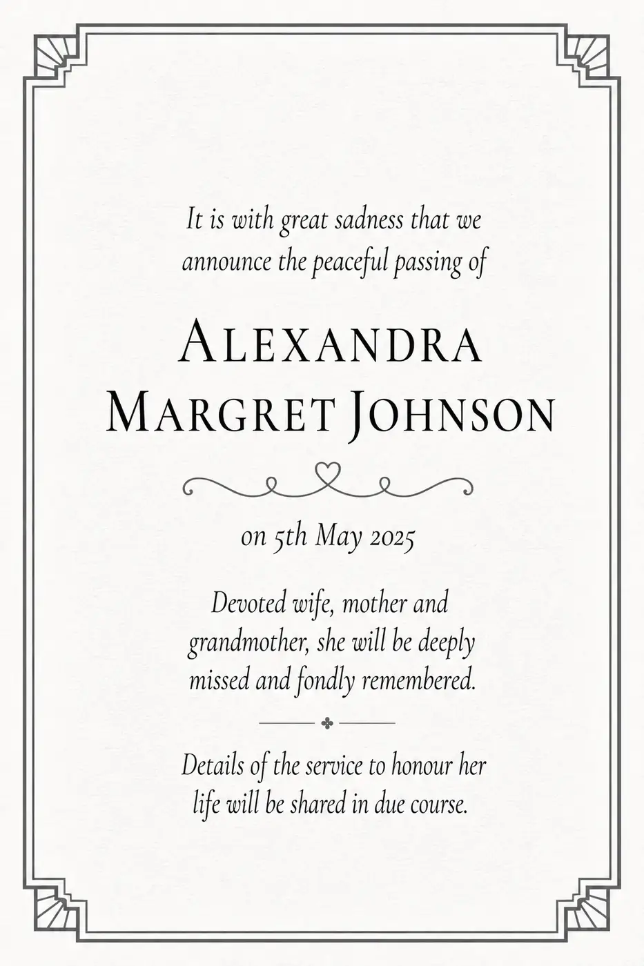 Traditional death notice frame with a soft grey border