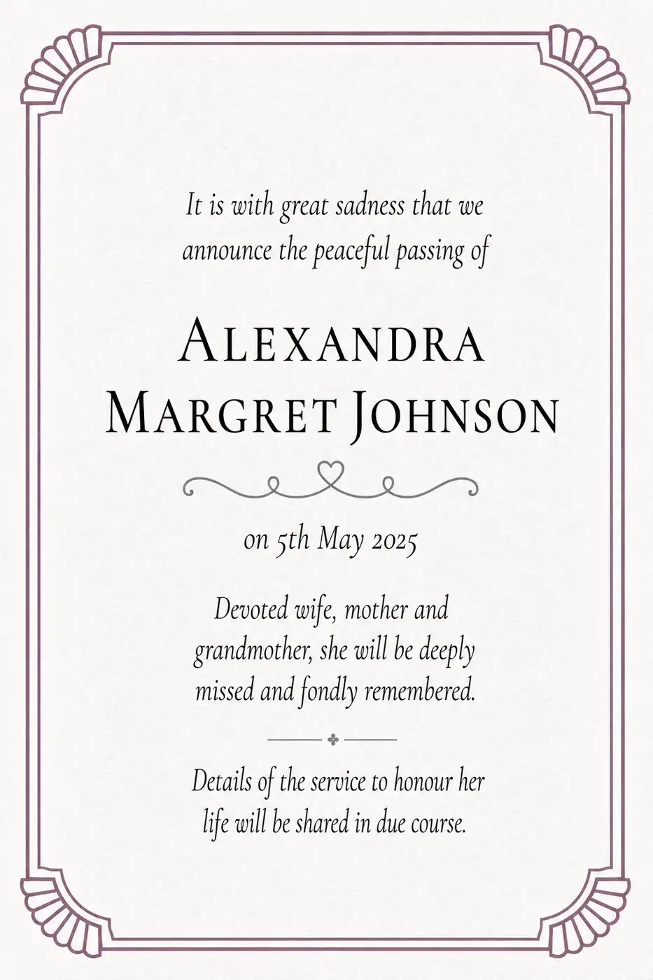 Traditional death notice frame with a blush bordered panel