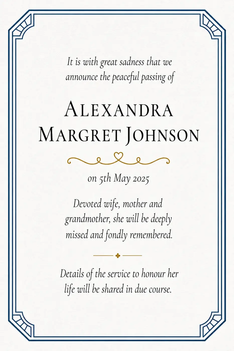 Traditional death notice frame with an engraved border