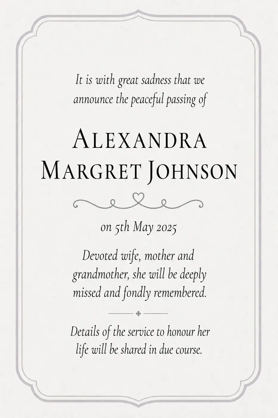 Traditional death notice frame with a slim bordered panel
